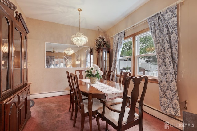 58 Hudson St, Menlo Park Terrace, NJ 08840 - dining space featuring a baseboard heating unit, a chandelier, and dark colored carpet