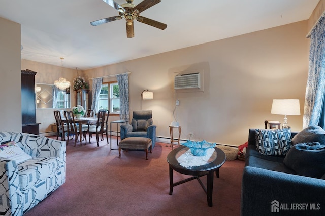 58 Hudson St, Menlo Park Terrace, NJ 08840 - carpeted living area featuring a chandelier, a ceiling fan, a wall unit AC, baseboard heating, and a baseboard heating unit