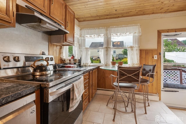 58 Hudson St, Menlo Park Terrace, NJ 08840 - kitchen featuring stainless steel range with electric stovetop, under cabinet range hood, brown cabinetry, wood ceiling, and dark countertops