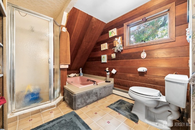 bathroom featuring toilet, baseboard heating, tile patterned floors, and separate shower and tub