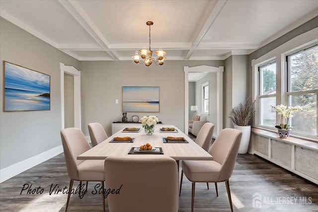 dining room with baseboards, coffered ceiling, dark wood-style floors, beamed ceiling, and a chandelier