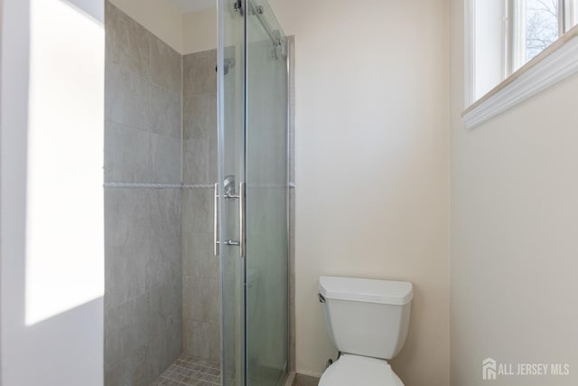 bathroom featuring toilet and a stall shower