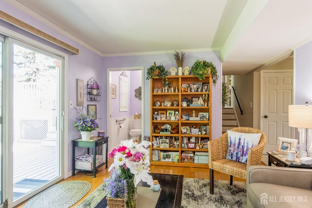 4 Wedgewood Ct, East Brunswick, NJ 08816 - living area with wood finished floors, ornamental molding, and stairway