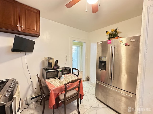 7 Hazelhurst St, New Brunswick, NJ 08901 - kitchen featuring stainless steel appliances, light marble finish flooring, a ceiling fan, and an office area