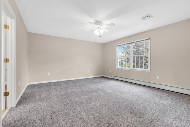 empty room with visible vents, baseboards, a ceiling fan, carpet flooring, and a baseboard heating unit