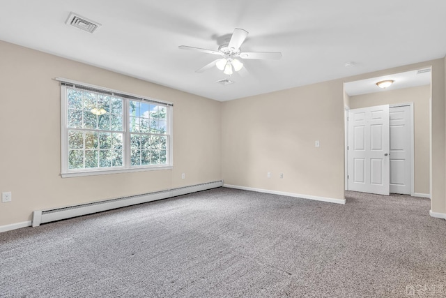 empty room featuring visible vents, baseboards, ceiling fan, carpet, and baseboard heating