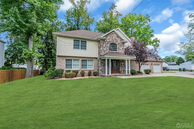 traditional home featuring a garage, driveway, stone siding, fence, and a front lawn