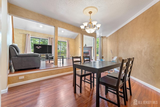 12 Arbor Ct, South Brunswick, NJ 08852 - dining room featuring wood finished floors, a chandelier, a fireplace, a textured wall, and a textured ceiling