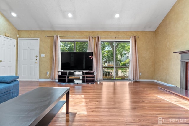 12 Arbor Ct, South Brunswick, NJ 08852 - living room featuring lofted ceiling, wood finished floors, recessed lighting, a fireplace, and a textured wall