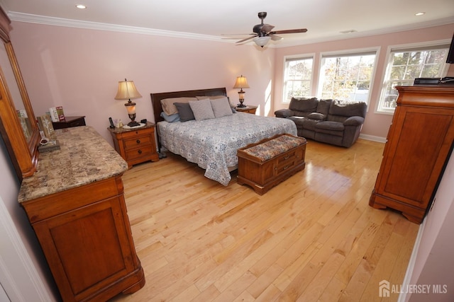 bedroom featuring recessed lighting, baseboards, light wood-style floors, and ornamental molding