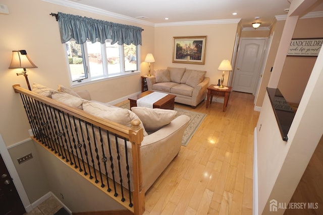 living room with stairway, baseboards, recessed lighting, ornamental molding, and light wood-style floors