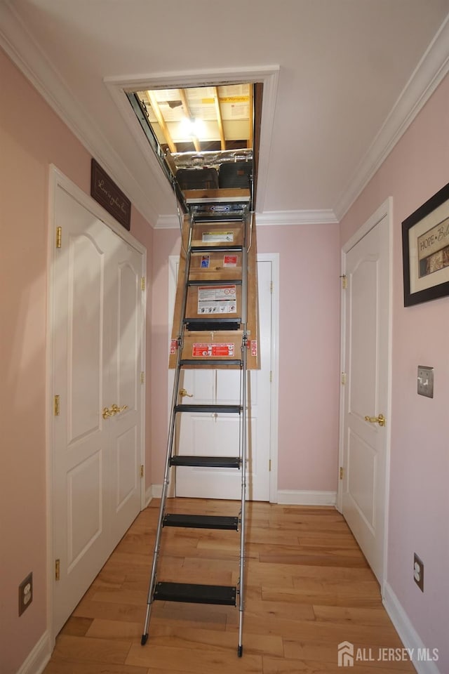 interior space featuring ornamental molding, baseboards, and wood finished floors