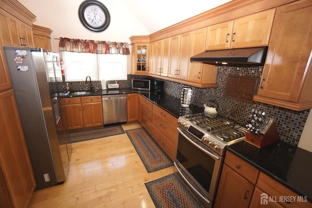 kitchen with lofted ceiling, a sink, stainless steel appliances, under cabinet range hood, and backsplash