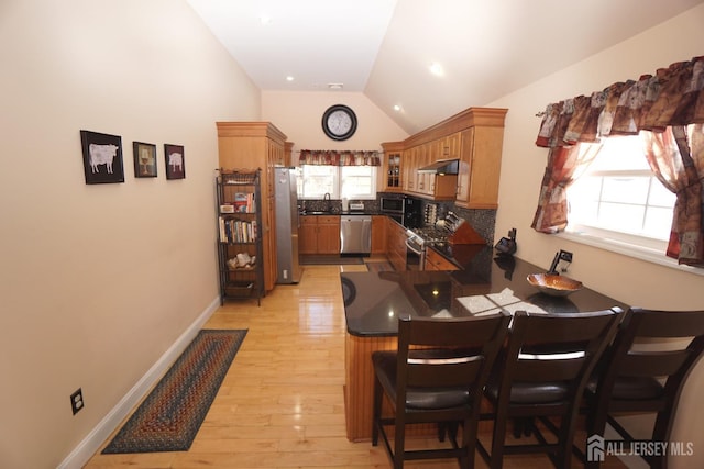 kitchen with dark countertops, under cabinet range hood, appliances with stainless steel finishes, a peninsula, and a sink