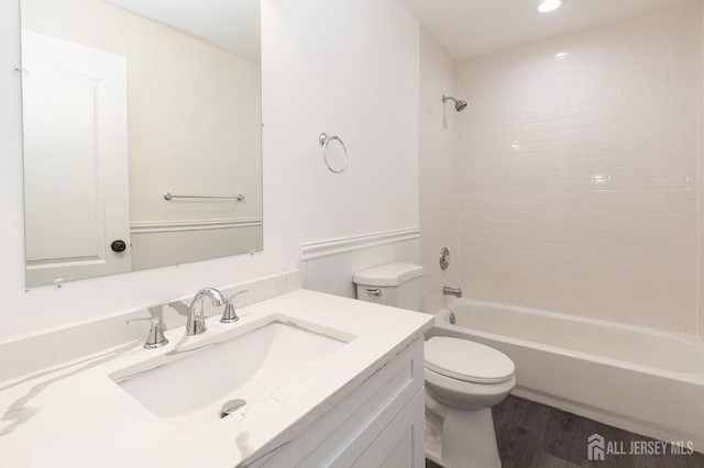 15 Pennyroyal Ct, South Brunswick, NJ 08540 - bathroom with vanity, toilet,  shower combination, wood finished floors, and recessed lighting