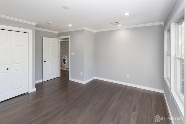 15 Pennyroyal Ct, South Brunswick, NJ 08540 - unfurnished bedroom featuring washer / dryer, dark wood finished floors, baseboards, crown molding, and recessed lighting