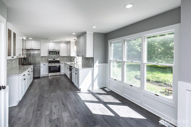 15 Pennyroyal Ct, South Brunswick, NJ 08540 - kitchen with stainless steel appliances, a sink, decorative backsplash, dark wood-style flooring, and recessed lighting