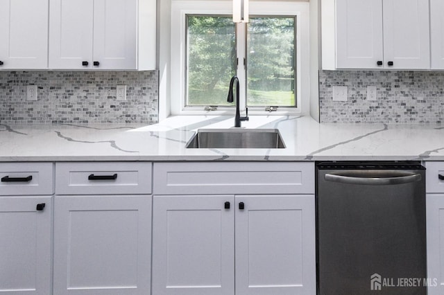 15 Pennyroyal Ct, South Brunswick, NJ 08540 - kitchen featuring dishwasher, a sink, white cabinetry, and tasteful backsplash