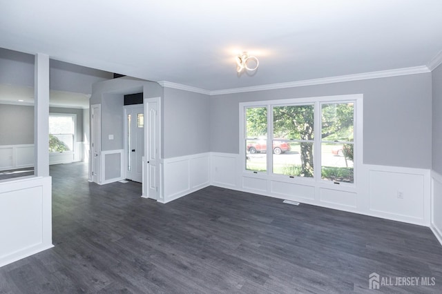 15 Pennyroyal Ct, South Brunswick, NJ 08540 - unfurnished room featuring ornamental molding, dark wood-style flooring, wainscoting, and a decorative wall