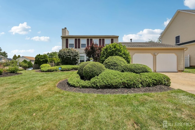6 E Wintergreen Ave, Edison, NJ 08820 - view of front facade with a garage, a chimney, concrete driveway, and a front lawn