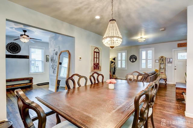 382 Highland St, South Amboy, NJ 08879 - dining space featuring wood finished floors, a chandelier, plenty of natural light, recessed lighting, and a ceiling fan