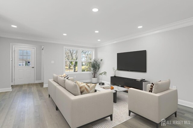 living room featuring light hardwood / wood-style flooring and crown molding