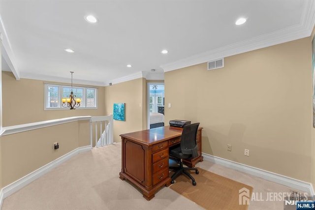 87 Fairway Blvd, Middlesex, NJ 08831 - office featuring a chandelier, light carpet, baseboards, crown molding, and recessed lighting