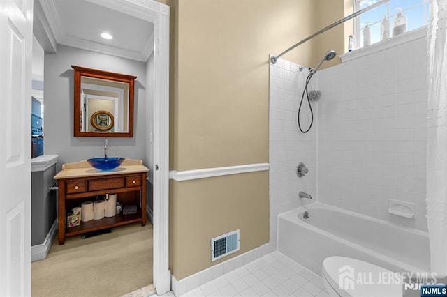 87 Fairway Blvd, Middlesex, NJ 08831 - bathroom featuring ornamental molding, baseboards, shower / bathtub combination with curtain, toilet, and tile patterned flooring