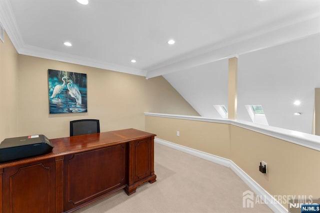 87 Fairway Blvd, Middlesex, NJ 08831 - home office with a skylight, light carpet, recessed lighting, baseboards, and vaulted ceiling