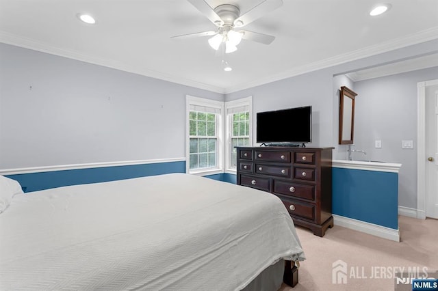 87 Fairway Blvd, Middlesex, NJ 08831 - bedroom featuring light colored carpet, recessed lighting, baseboards, ornamental molding, and ceiling fan