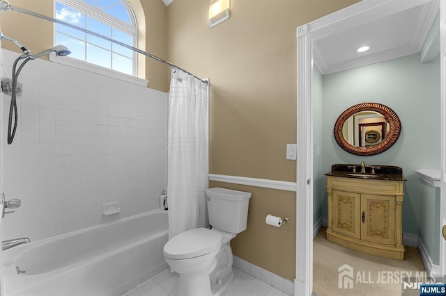 87 Fairway Blvd, Middlesex, NJ 08831 - bathroom with toilet, shower / bath combo, vanity, baseboards, and crown molding