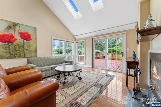 87 Fairway Blvd, Middlesex, NJ 08831 - living room featuring wood-type flooring, a skylight, high vaulted ceiling, and baseboards