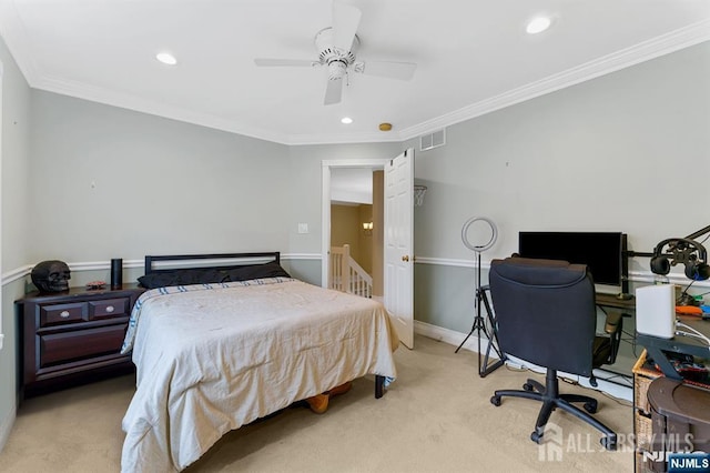 87 Fairway Blvd, Middlesex, NJ 08831 - carpeted bedroom with ornamental molding, baseboards, recessed lighting, a ceiling fan, and an office area