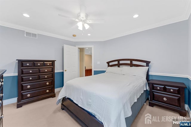87 Fairway Blvd, Middlesex, NJ 08831 - bedroom with recessed lighting, crown molding, a ceiling fan, light carpet, and baseboards