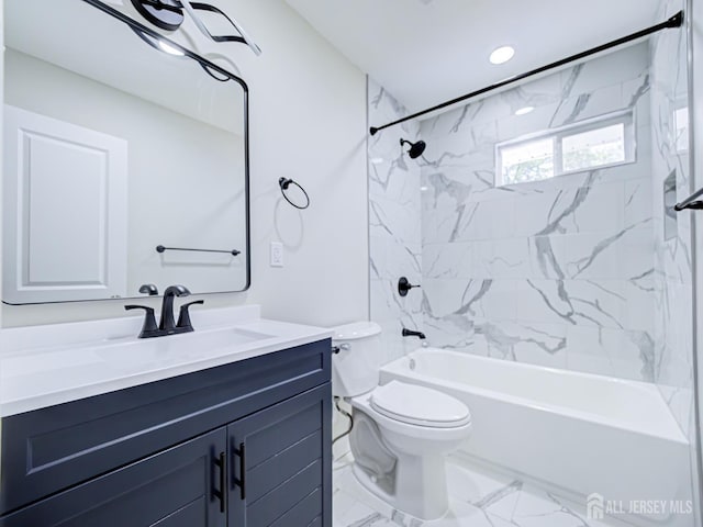 44 Sullivan Way E, Brunswick, NJ 08816 - bathroom with toilet, vanity, shower / bathtub combination, and marble look tile flooring