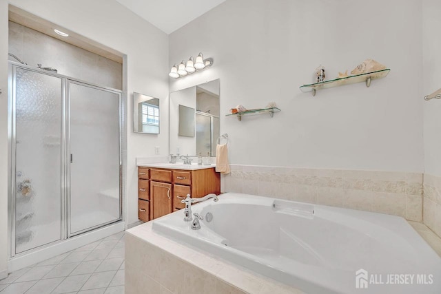 146 Aristotle Way E, Windsor, NJ 08512 - full bath with vanity, a shower stall, a bath, and tile patterned floors