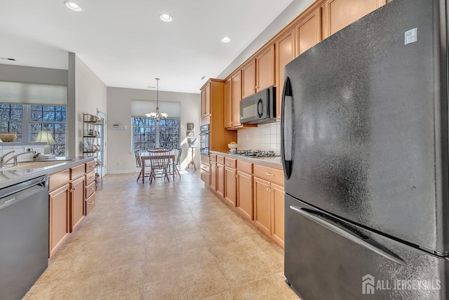 146 Aristotle Way E, Windsor, NJ 08512 - kitchen featuring black appliances, a sink, backsplash, a chandelier, and recessed lighting