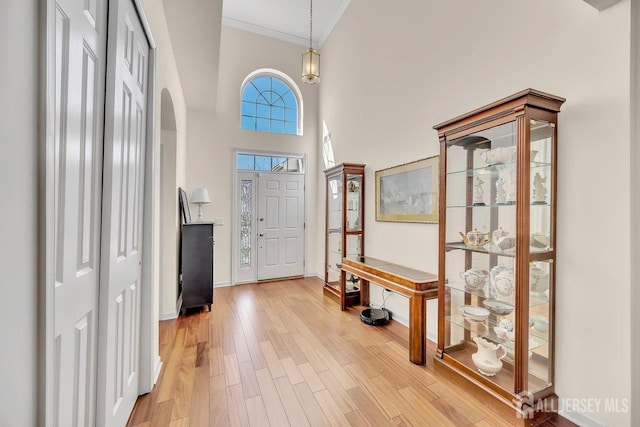 146 Aristotle Way E, Windsor, NJ 08512 - entryway with ornamental molding, light wood-style floors, baseboards, arched walkways, and a towering ceiling