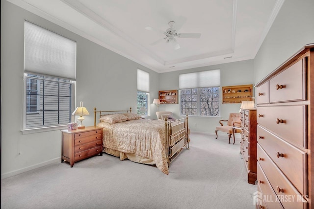 146 Aristotle Way E, Windsor, NJ 08512 - bedroom with light colored carpet, a raised ceiling, baseboards, crown molding, and a ceiling fan