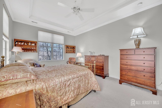 146 Aristotle Way E, Windsor, NJ 08512 - bedroom with light carpet, a raised ceiling, ornamental molding, and a ceiling fan