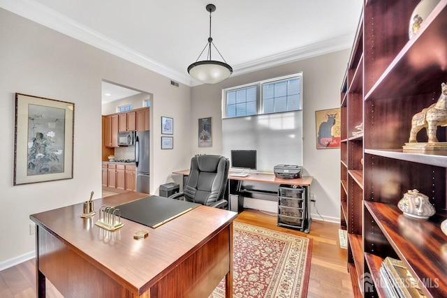 146 Aristotle Way E, Windsor, NJ 08512 - home office featuring light wood-type flooring, ornamental molding, and baseboards