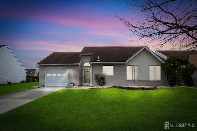 ranch-style home with central air condition unit, a garage, driveway, roof with shingles, and a front yard