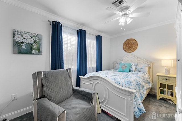 carpeted bedroom with ornamental molding, visible vents, ceiling fan, and baseboards