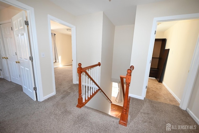 hallway with light colored carpet