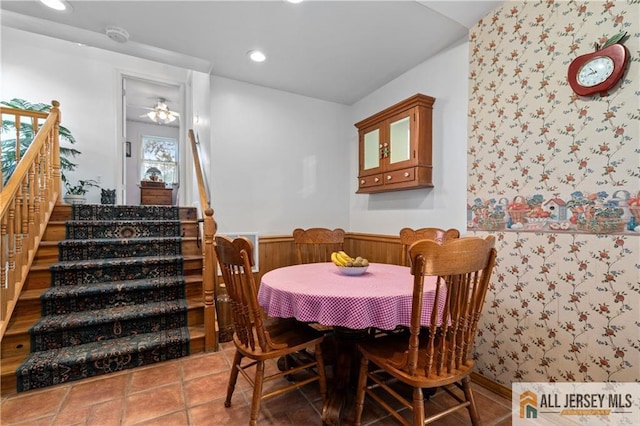 28 Wildwood Ave, Fords, NJ 08863 - tiled dining space with recessed lighting, stairs, and ceiling fan
