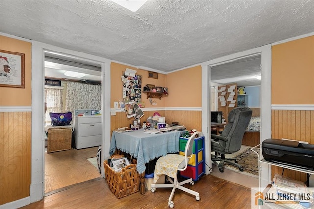 28 Wildwood Ave, Fords, NJ 08863 - office featuring washer / dryer, wood finished floors, a textured ceiling, a wainscoted wall, and wood walls