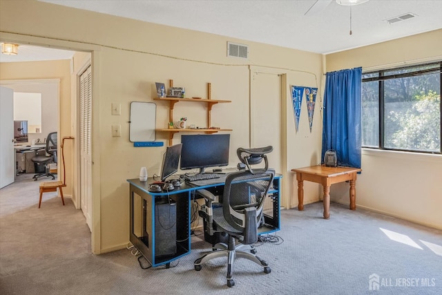 441 Sayre Dr, Plainsboro, NJ 08540 - home office with light carpet, ceiling fan, and baseboards