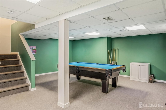 441 Sayre Dr, Plainsboro, NJ 08540 - playroom with carpet flooring, a drop ceiling, baseboards, and billiards table