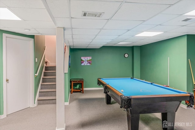 441 Sayre Dr, Plainsboro, NJ 08540 - playroom featuring carpet floors, a drop ceiling, baseboards, and billiards table