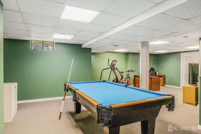 441 Sayre Dr, Plainsboro, NJ 08540 - rec room with carpet flooring, a drop ceiling, billiards, and baseboards